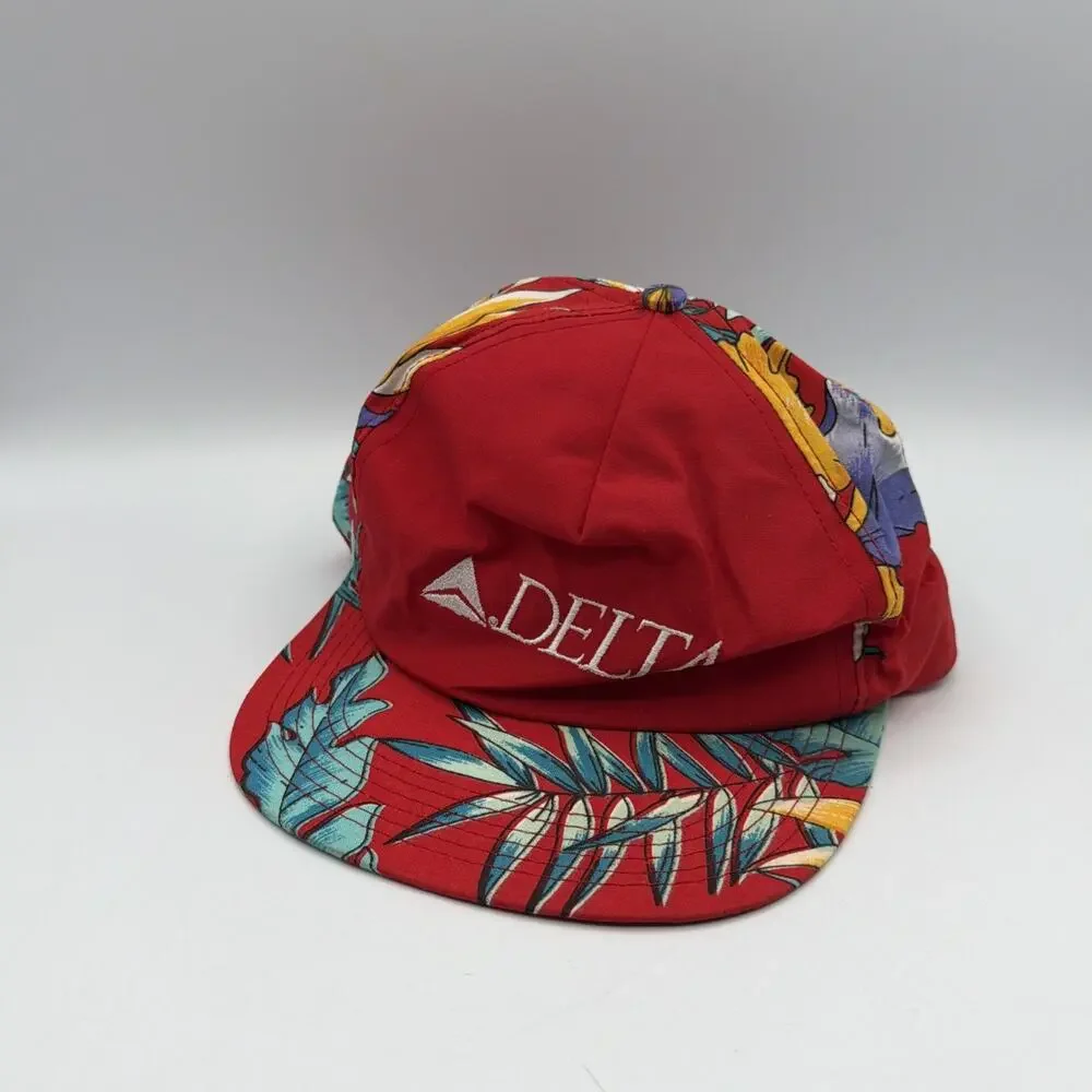 Vintage Delta Hat‎ Cap Snap Back Floral Hawaiian Advertising Mens Red 90s